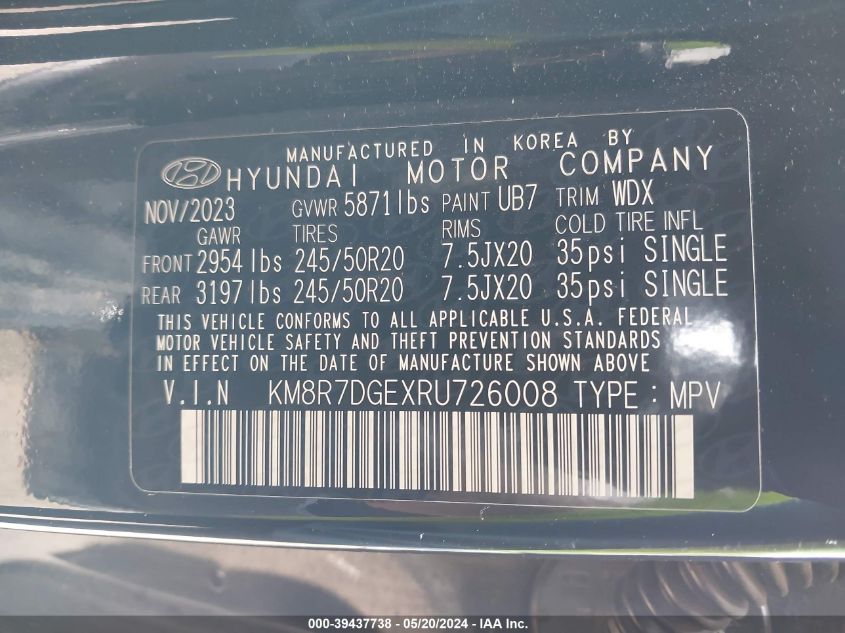 2024 Hyundai Palisade Calligraphy VIN: KM8R7DGEXRU726008 Lot: 39437738