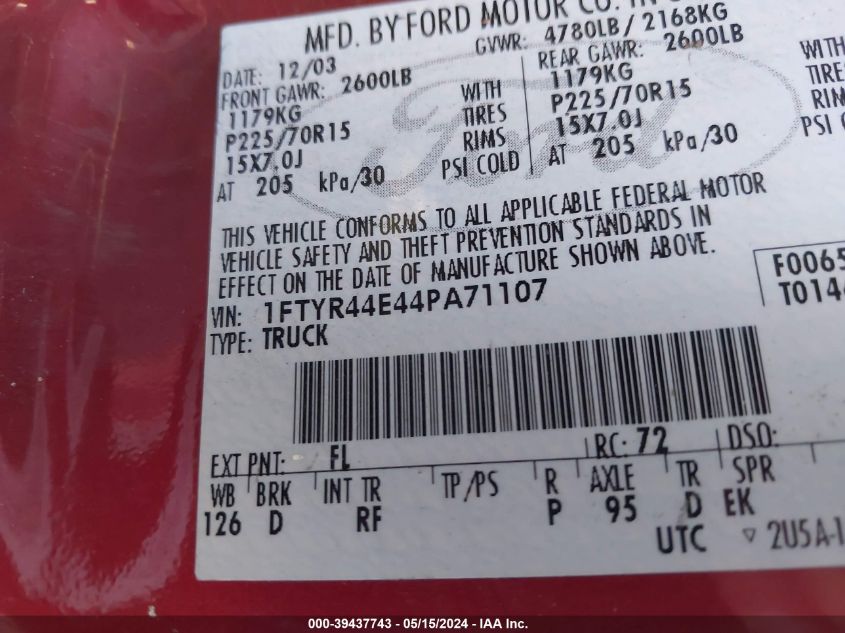 2004 Ford Ranger Xlt VIN: 1FTYR44E44PA71107 Lot: 39437743
