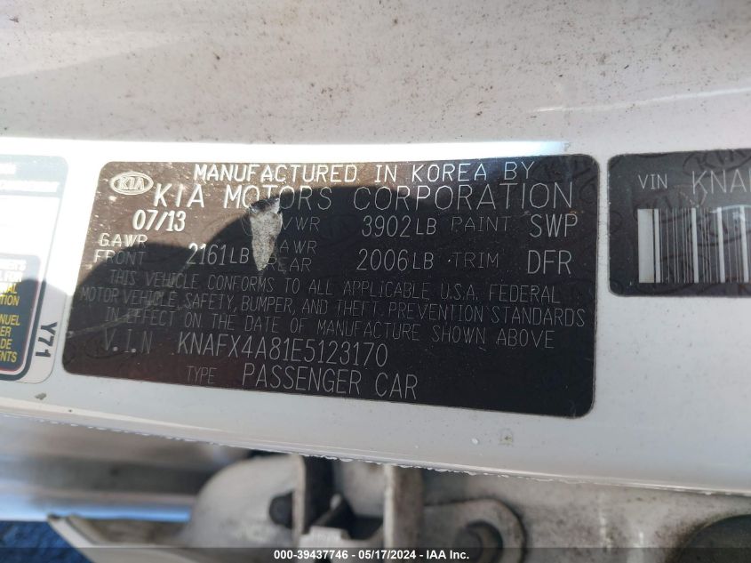 2014 Kia Forte Ex VIN: KNAFX4A81E5123170 Lot: 39437746