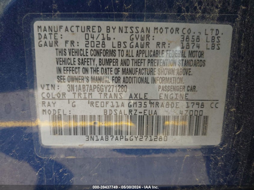 2016 Nissan Sentra Sr VIN: 3N1AB7AP6GY271280 Lot: 39437749