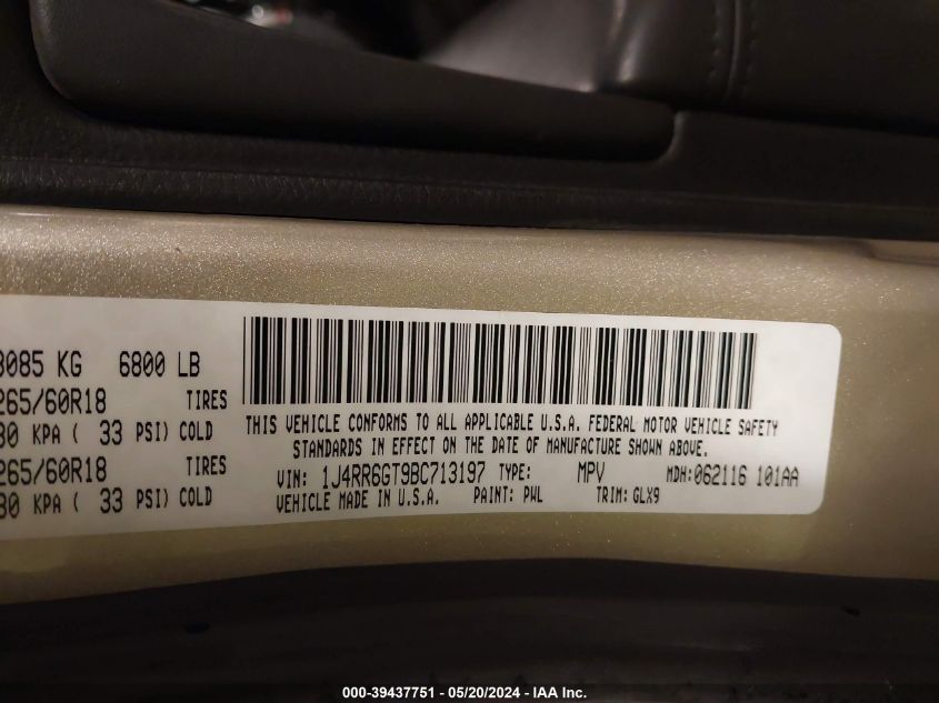 2011 Jeep Grand Cherokee Overland VIN: 1J4RR6GT9BC713197 Lot: 39437751