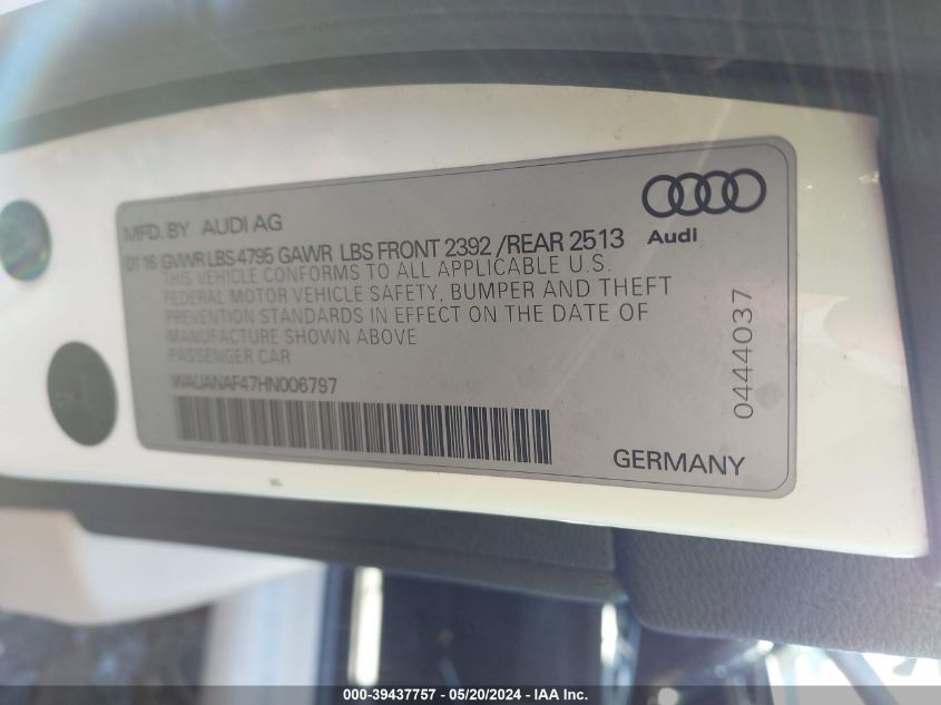 2017 Audi A4 2.0T Premium VIN: WAUANAF47HN006797 Lot: 39437757