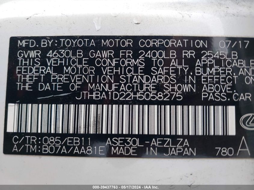 2017 Lexus Is 200T VIN: JTHBA1D22H5058275 Lot: 39437763