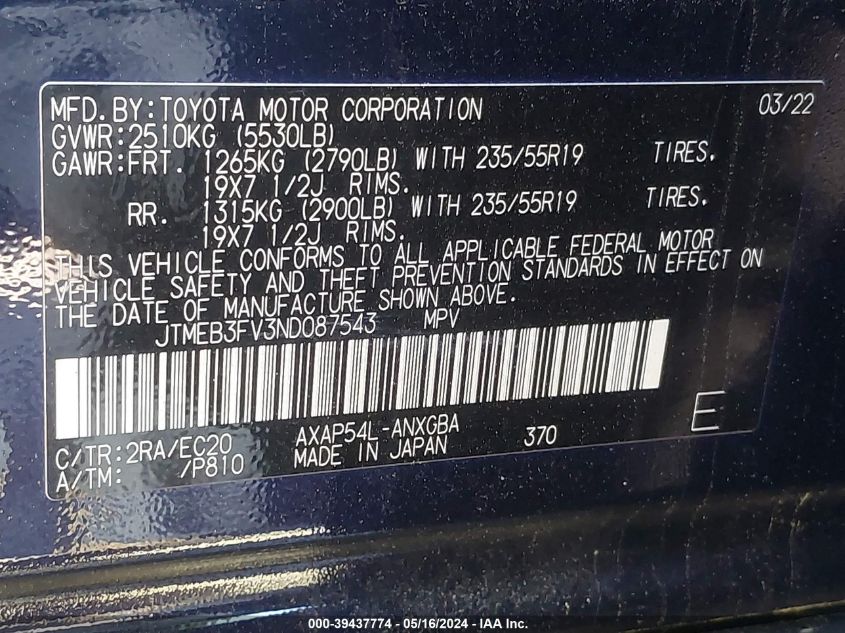 2022 Toyota Rav4 Prime Xse VIN: JTMEB3FV3ND087543 Lot: 39437774