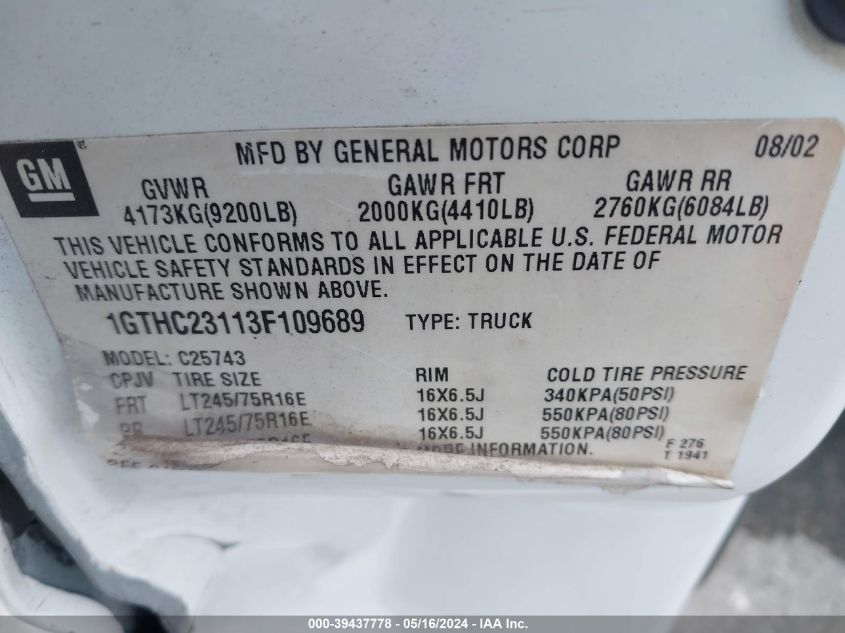 2003 GMC Sierra 2500Hd Sle VIN: 1GTHC23113F109689 Lot: 39437778