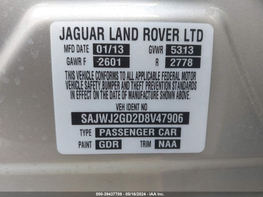 2013 Jaguar Xj VIN: SAJWJ2GD2D8V47906 Lot: 39437789