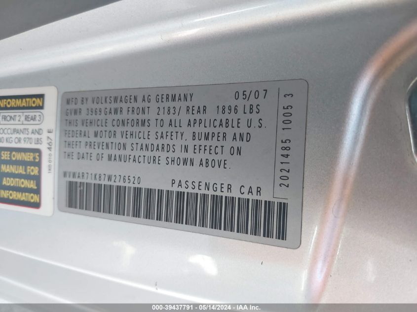 2007 Volkswagen Rabbit 2-Door VIN: WVWAR71K87W276520 Lot: 39437791