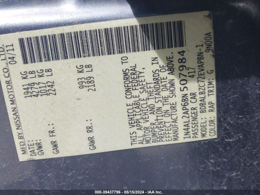 2011 Nissan Altima 2.5 S VIN: 1N4AL2AP6BN507984 Lot: 39437796