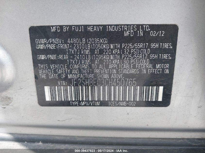 2012 Subaru Forester 2.5X Limited VIN: JF2SHBEC3CH450765 Lot: 39437823