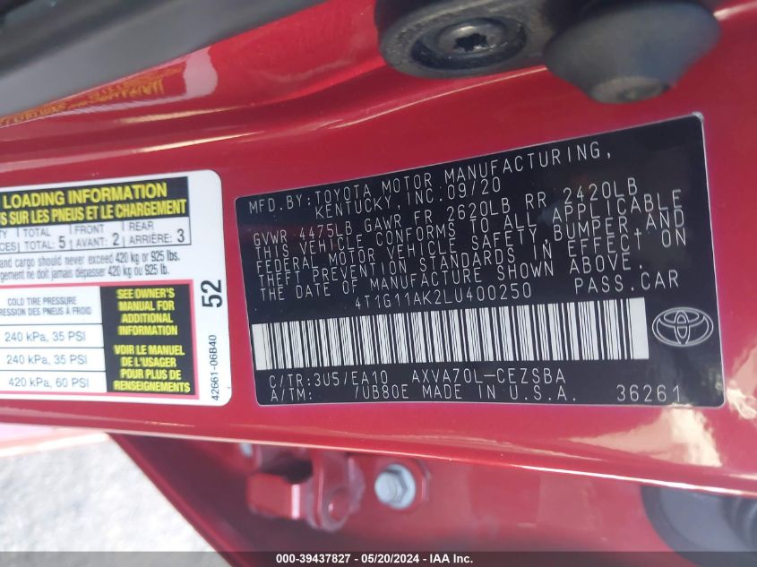 2020 Toyota Camry Se VIN: 4T1G11AK2LU400250 Lot: 39437827