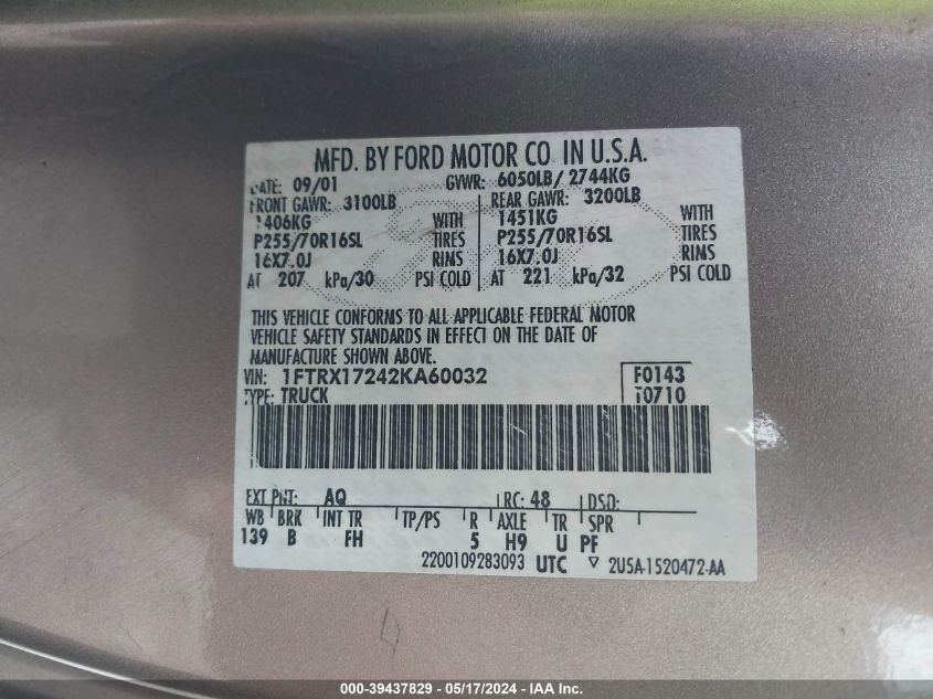 2002 Ford F-150 Xl/Xlt VIN: 1FTRX17242KA60032 Lot: 39437829