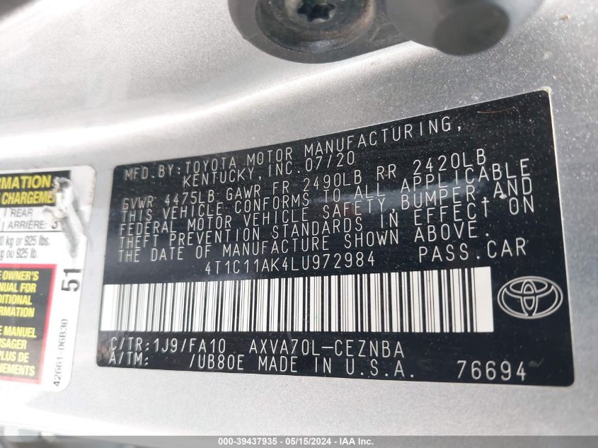 2020 Toyota Camry Le VIN: 4T1C11AK4LU972984 Lot: 39437935