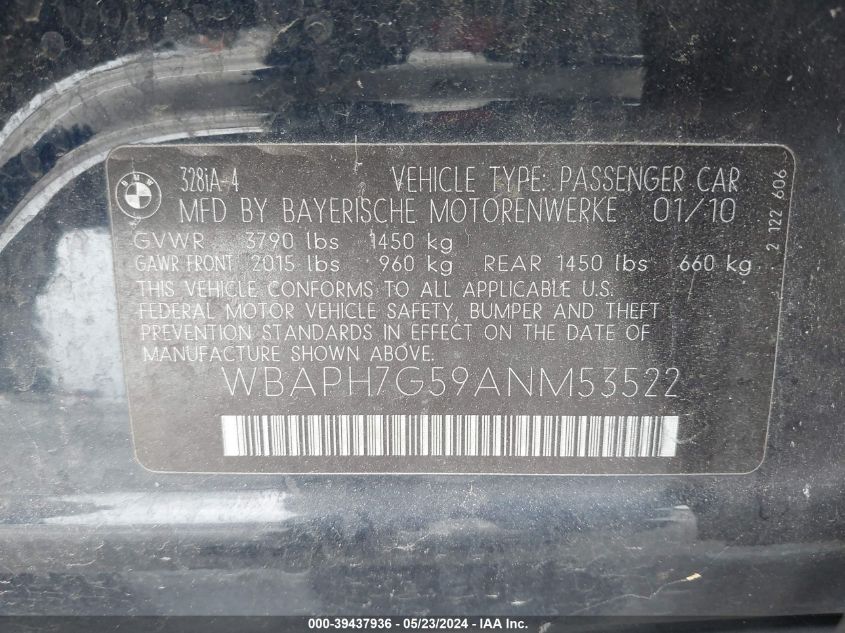2010 BMW 328I VIN: WBAPH7G59ANM53522 Lot: 39437936
