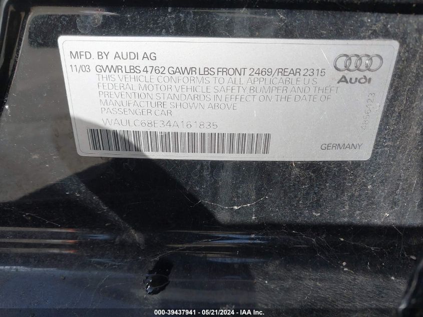 2004 Audi A4 1.8T Quattro VIN: WAULC68E34A161835 Lot: 39437941