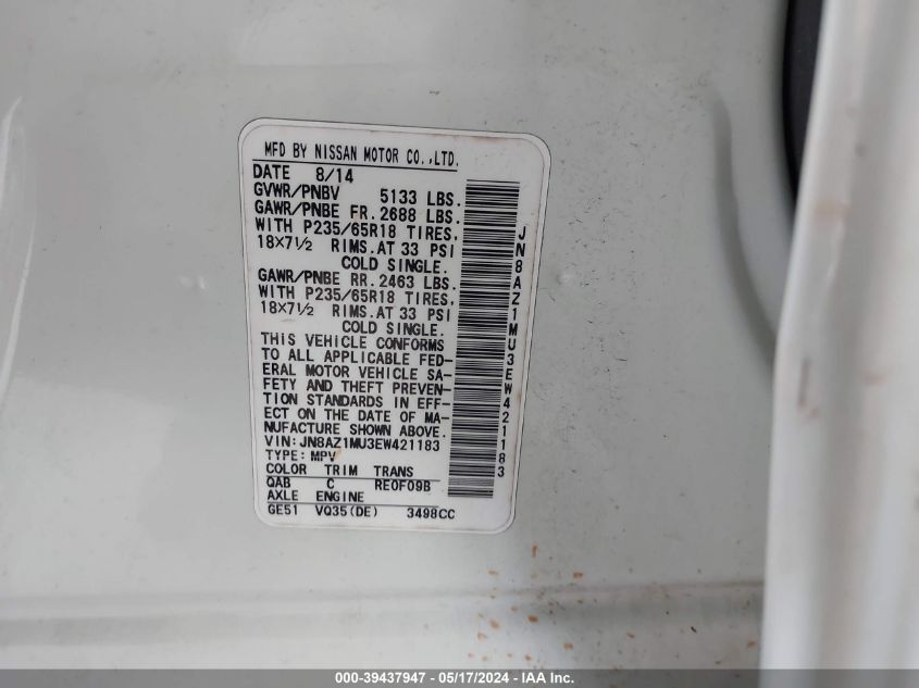 2014 Nissan Murano S VIN: JN8AZ1MU3EW421183 Lot: 39437947