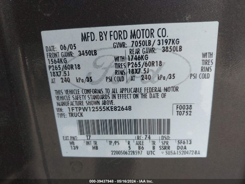 2005 Ford F-150 Lariat/Xlt VIN: 1FTPW12555KE82648 Lot: 39437948