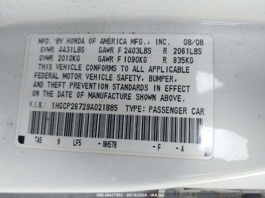 2009 Honda Accord 2.4 Ex VIN: 1HGCP26729A021885 Lot: 39437952