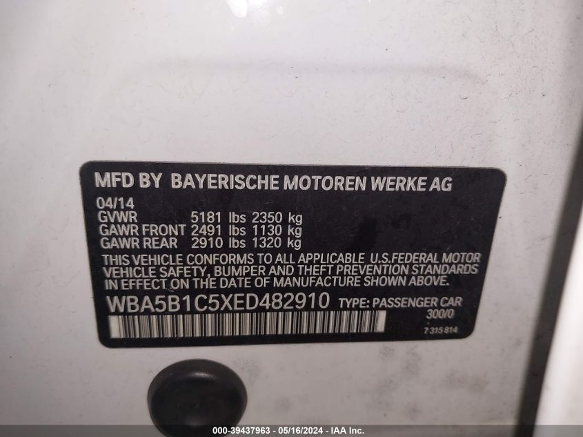 2014 BMW 535I VIN: WBA5B1C5XED482910 Lot: 39437963