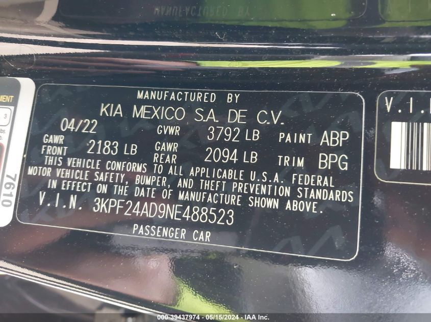 2022 Kia Forte Lxs VIN: 3KPF24AD9NE488523 Lot: 39437974