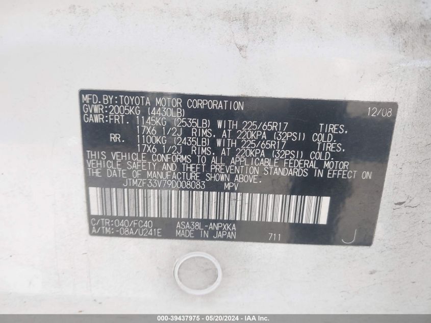 2009 Toyota Rav4 VIN: JTMZF33V79D008083 Lot: 39437975