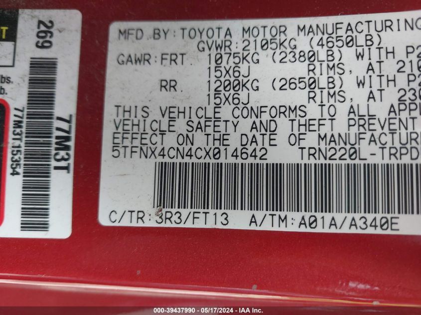 2012 Toyota Tacoma VIN: 5TFNX4CN4CX014642 Lot: 39437990