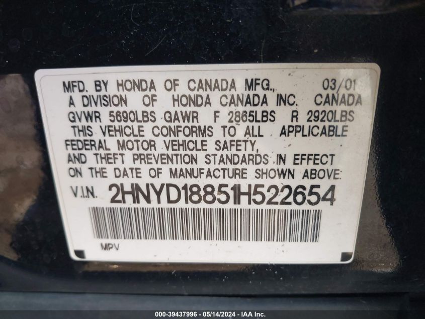 2001 Acura Mdx VIN: 2HNYD18851H522654 Lot: 39437996