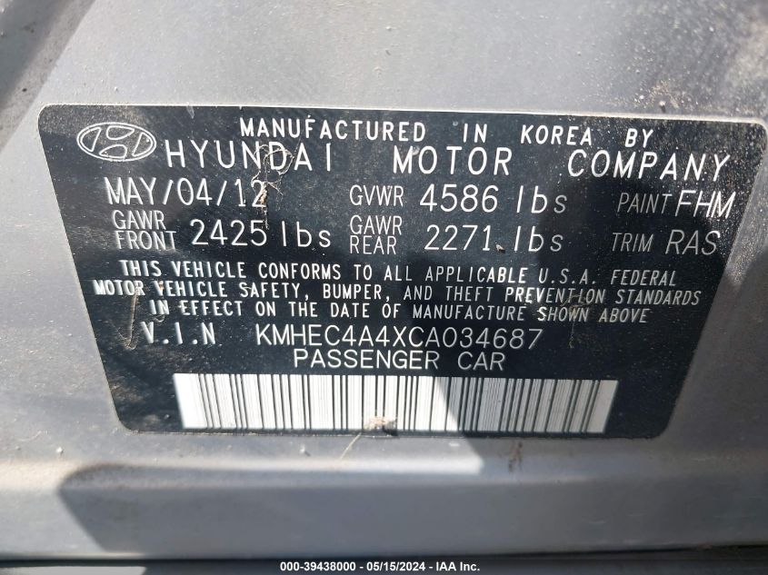 2012 Hyundai Sonata Hybrid VIN: KMHEC4A4XCA034687 Lot: 39438000