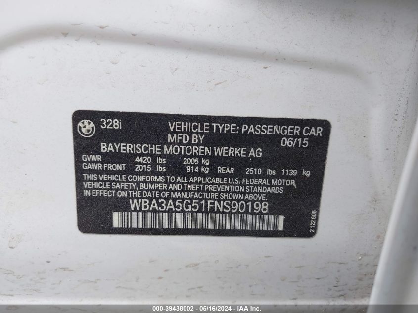 2015 BMW 328I I VIN: WBA3A5G51FNS90198 Lot: 39438002