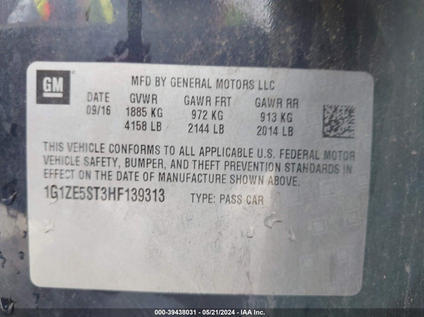 2017 Chevrolet Malibu 1Lt VIN: 1G1ZE5ST3HF139313 Lot: 39438031