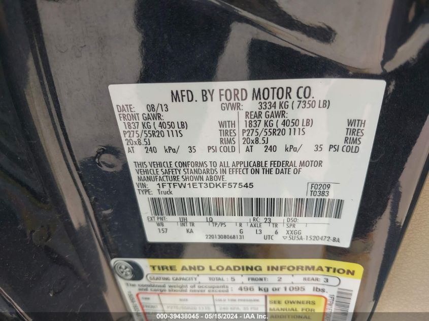 2013 Ford F-150 King Ranch VIN: 1FTFW1ET3DKF57545 Lot: 39438045