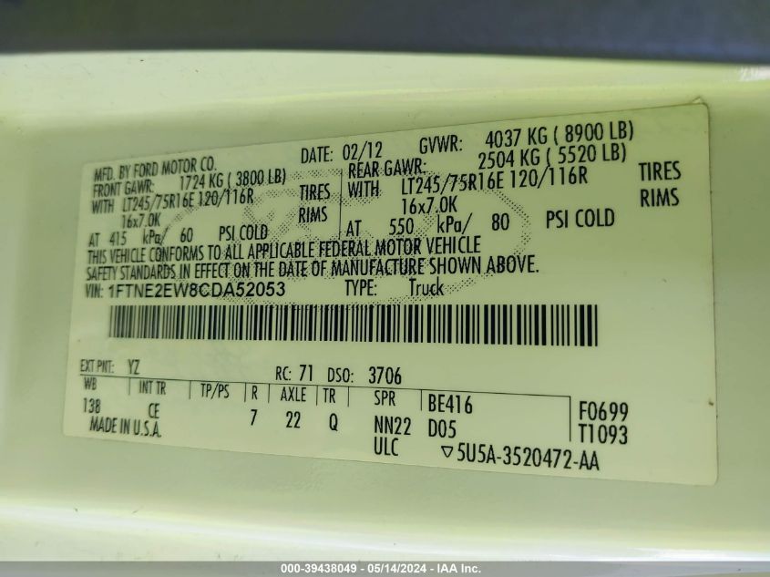 2012 Ford E-250 Commercial VIN: 1FTNE2EW8CDA52053 Lot: 39438049