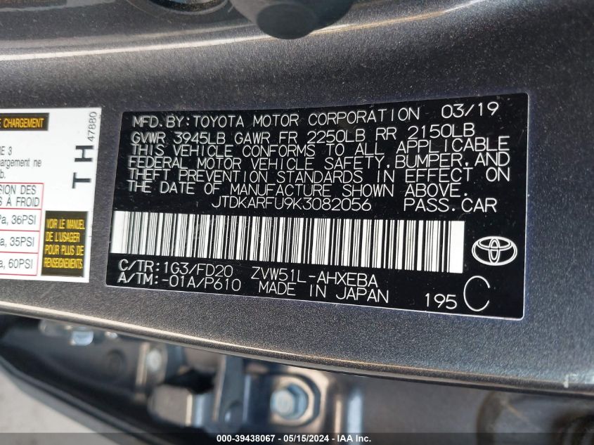 2019 Toyota Prius Le VIN: JTDKARFU9K3082056 Lot: 39438067