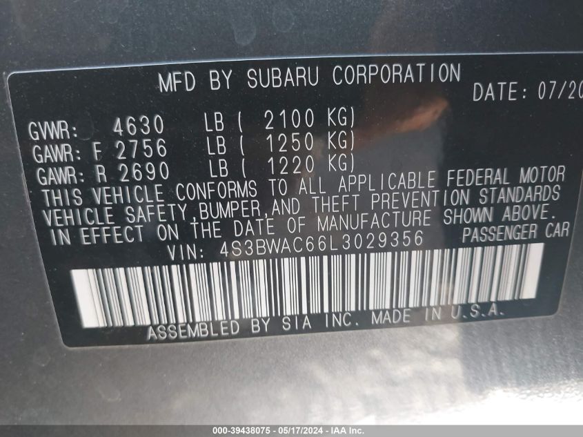 2020 Subaru Legacy Premium VIN: 4S3BWAC66L3029356 Lot: 39438075