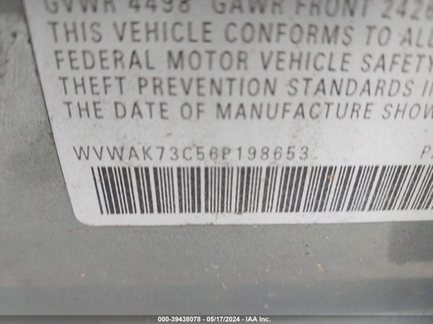2006 Volkswagen Passat 2.0T VIN: WVWAK73C56P198653 Lot: 39438078