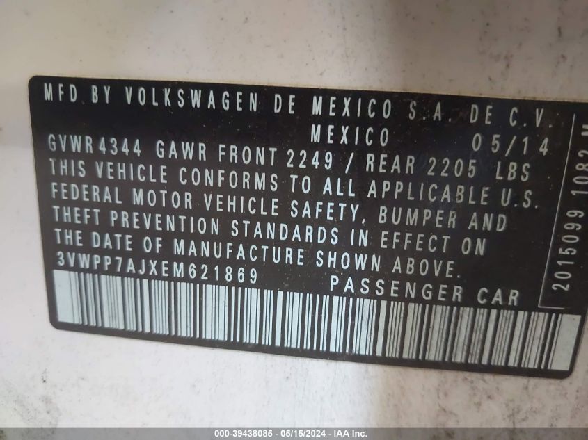 2014 Volkswagen Jetta Sportwagen 2.5L S VIN: 3VWPP7AJXEM621869 Lot: 39438085