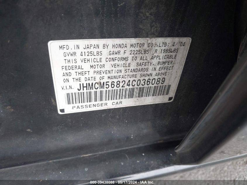 2004 Honda Accord 2.4 Ex VIN: JHMCM56824C036089 Lot: 39438088