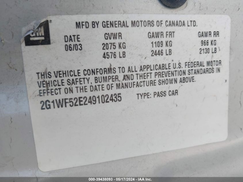 2004 Chevrolet Impala VIN: 2G1WF52E249102435 Lot: 39438093