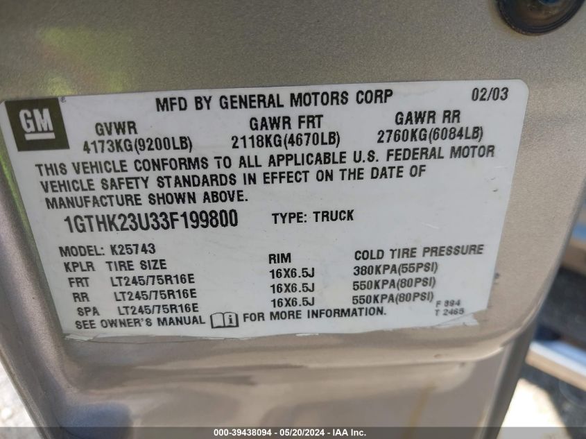 2003 GMC Sierra 2500Hd Sle VIN: 1GTHK23U33F199800 Lot: 39438094