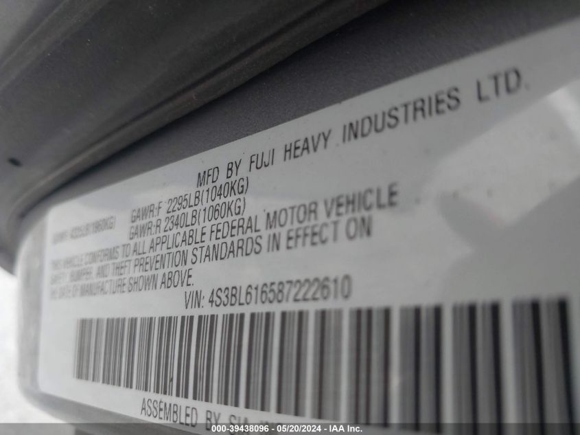 2008 Subaru Legacy 2.5I VIN: 4S3BL616587222610 Lot: 39438096