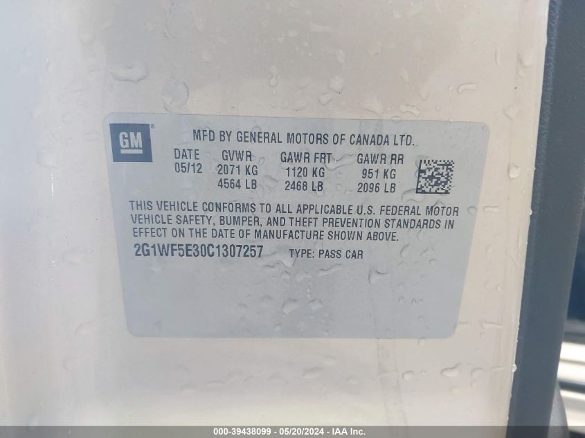 2012 Chevrolet Impala Ls VIN: 2G1WF5E30C1307257 Lot: 39438099
