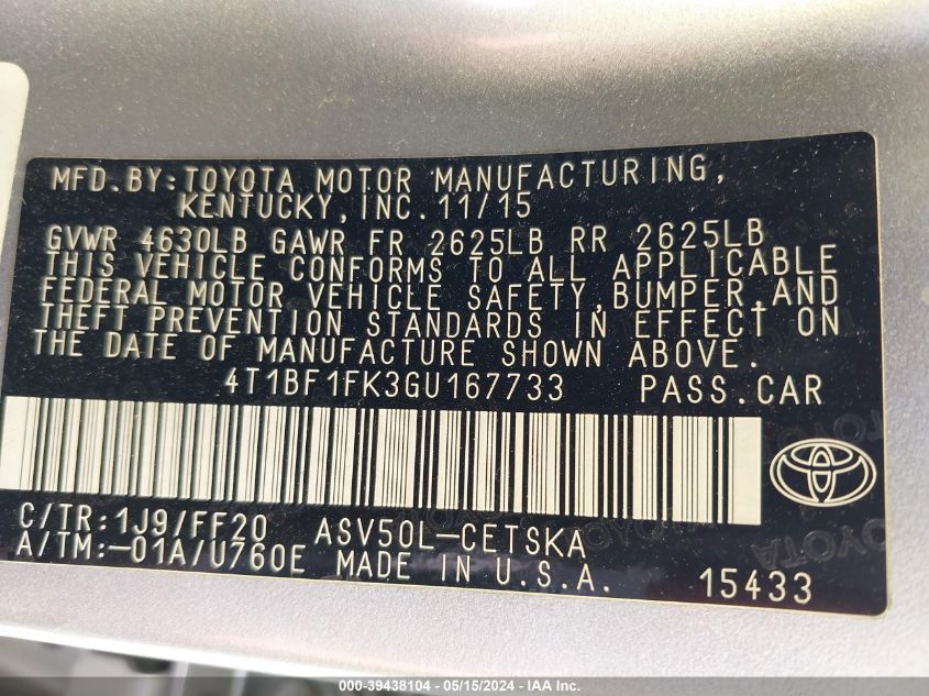 2016 Toyota Camry Se VIN: 4T1BF1FK3GU167733 Lot: 39438104