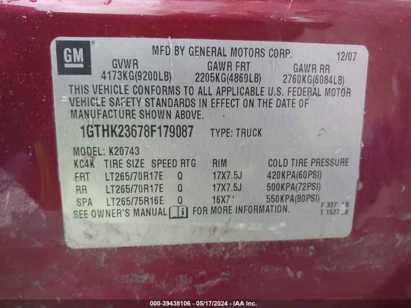 2008 GMC Sierra 2500Hd Slt VIN: 1GTHK23678F179087 Lot: 39438106