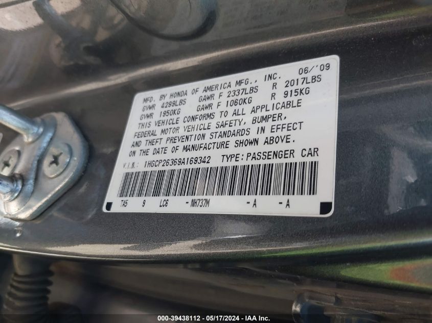 2009 Honda Accord 2.4 Lx VIN: 1HGCP26369A169342 Lot: 39438112