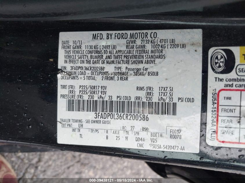 2012 Ford Fusion Hybrid VIN: 3FADP0L36CR200586 Lot: 39438121