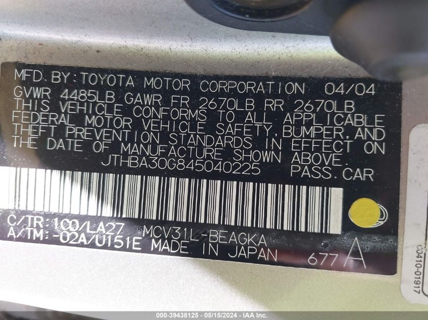 2004 Lexus Es 330 VIN: JTHBA30G845040225 Lot: 39438125