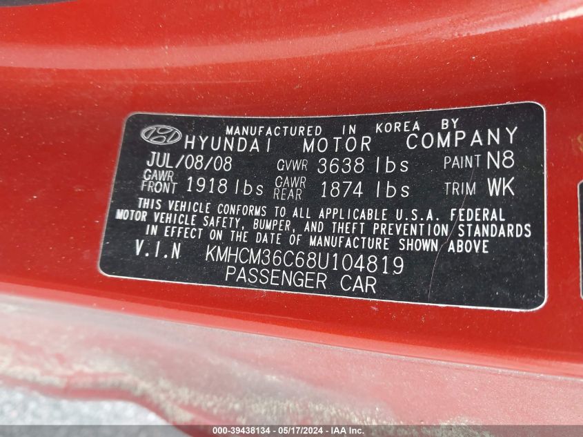 2008 Hyundai Accent Gs VIN: KMHCM36C68U104819 Lot: 39438134