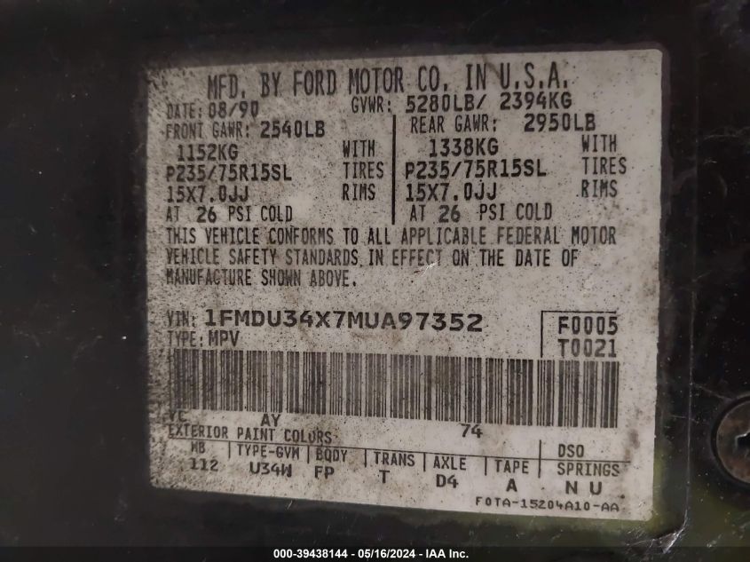 1991 Ford Explorer VIN: 1FMDU34X7MUA97352 Lot: 39438144