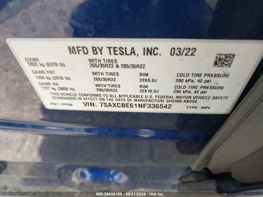 2022 Tesla Model X Plaid Tri Motor All-Wheel Drive VIN: 7SAXCBE61NF336542 Lot: 39438159