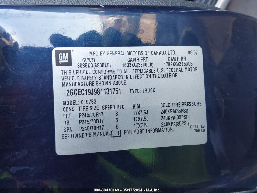 2008 Chevrolet Silverado 1500 Lt1 VIN: 2GCEC19J981131751 Lot: 39438169