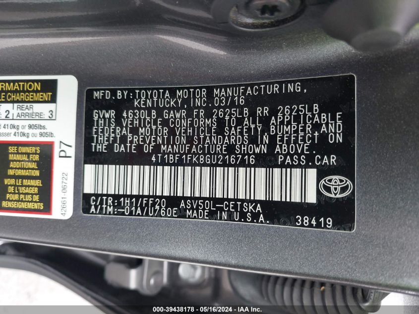 2016 Toyota Camry Se VIN: 4T1BF1FK8GU216716 Lot: 39438178